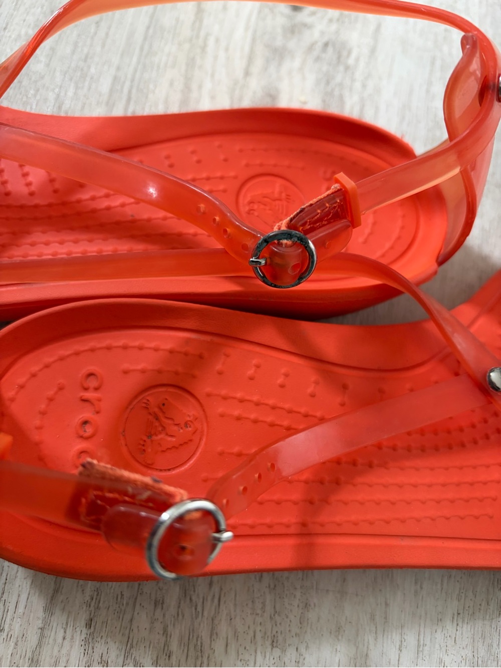 CROCS women’s 7 Bright Orange Jelly Strappy Minimalist thong Sandals - Picture 5 of 6